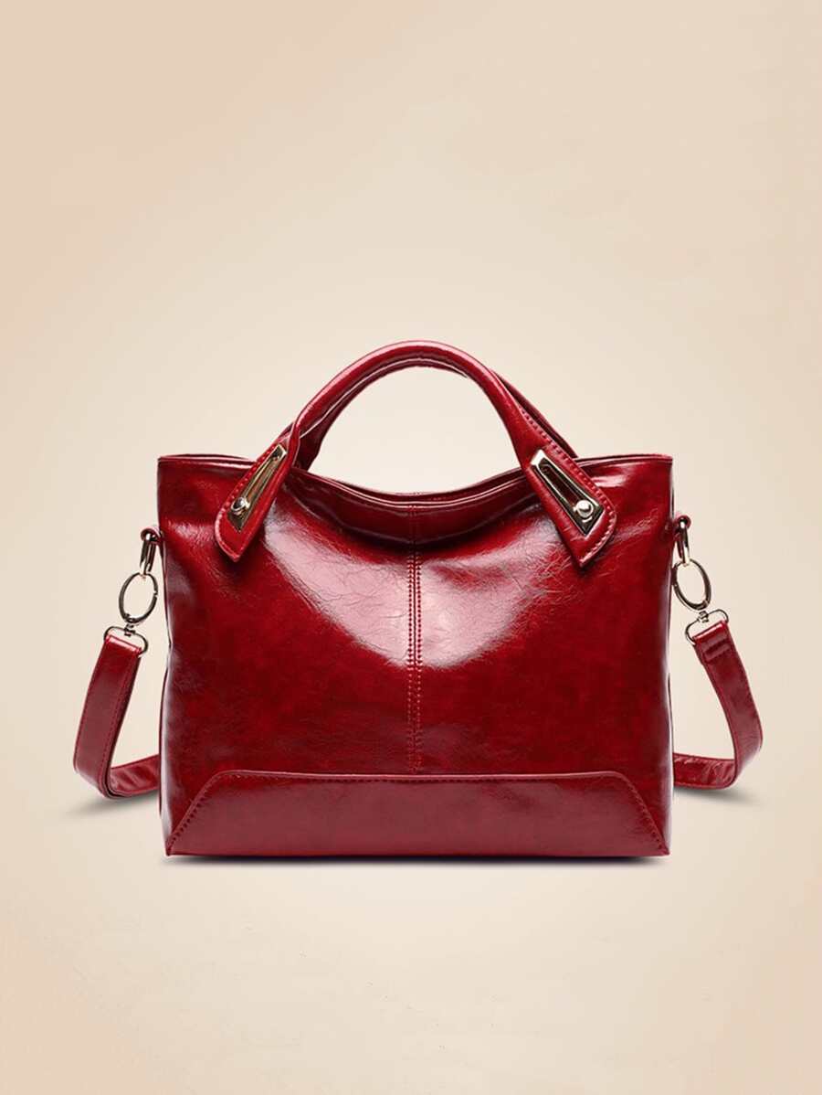 復古設計手提托特包 - 酒紅色 - 查看 1