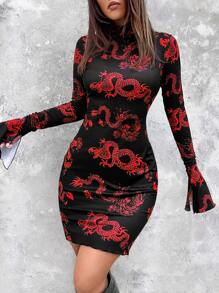SHEIN ICON Chinese Dragon Print Flounce Sleeve Bodycon Dress - Black - View 1