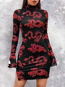 SHEIN ICON Chinese Dragon Print Flounce Sleeve Bodycon Dress - Black - View 5