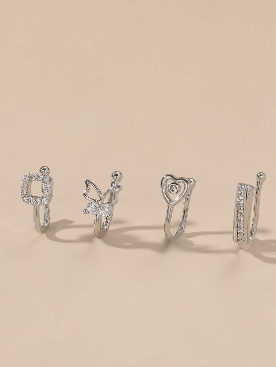 4 cái/bộ Đồng, Đính Đá Cubic Zirconia Trang Trí Mũi Đeo Cho Phụ Nữ Và Nam Giới, Punk Không Xuyên, một Món Quà Trang Sức Cơ Thể Thời Trang Cho Bất Kỳ Dịp Nào - Bạc - Xem 1