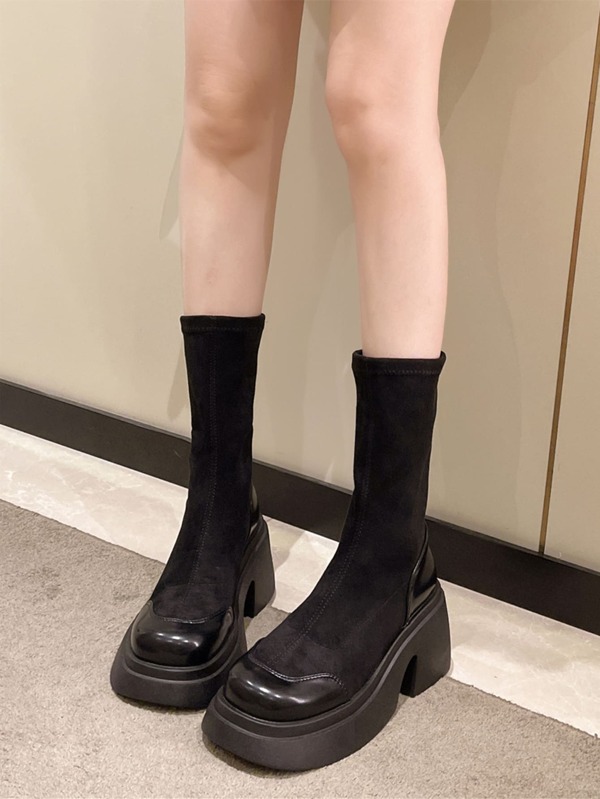 Women's Fashionable Thick Sole Slip-On Patchwork Mid-Calf Elastic Boots, Chunky Heel Casual Punk Style Round Toe Boots, Black, Comfortable