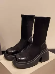 秋冬女士时尚厚底套脚拼接中筒弹力靴，粗跟休闲朋克风圆头靴，黑色，舒适 - 黑色 - 查看 2