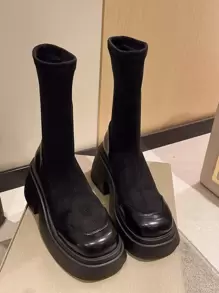 秋冬女士时尚厚底套脚拼接中筒弹力靴，粗跟休闲朋克风圆头靴，黑色，舒适 - 黑色 - 查看 5