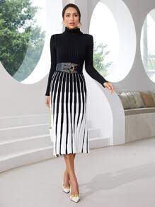 Modelyn Turtleneck Jumper & Striped Pattern Knit Skirt Without Belt - Black and White - View 1