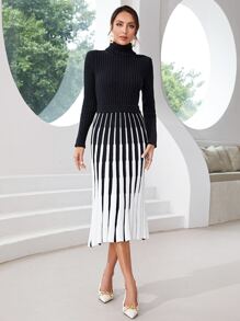 Modelyn Turtleneck Jumper & Striped Pattern Knit Skirt Without Belt - Black and White - View 3