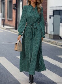 SHEIN Clasi 波點圖案繫帶領荷葉袖繫腰帶連衣裙 - 綠色 - 查看 1