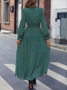 SHEIN Clasi 波點圖案繫帶領荷葉袖繫腰帶連衣裙 - 綠色 - 查看 2