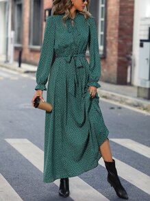SHEIN Clasi 波點圖案繫帶領荷葉袖繫腰帶連衣裙 - 綠色 - 查看 3