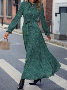 SHEIN Clasi 波點圖案繫帶領荷葉袖繫腰帶連衣裙 - 綠色 - 查看 5