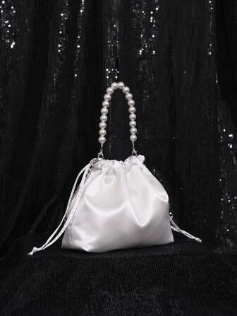 Classic Satin Drawstring Closure Minimalist Fashionable Beaded Handheld Crossbody Mini Clutch Bag