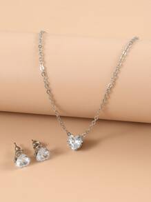 1 Set que incluye 1 par de aretes + 1 collar, Conjunto de joyería minimalista de moda con colgante con forma de corazón de cristal para mujeres, apto para regalos, uso diario y fiestas - Plateado - Ver 3