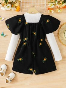 Girls Floral Embroidery Ruffle Trim Overall Romper & Tee - Black and White - View 2