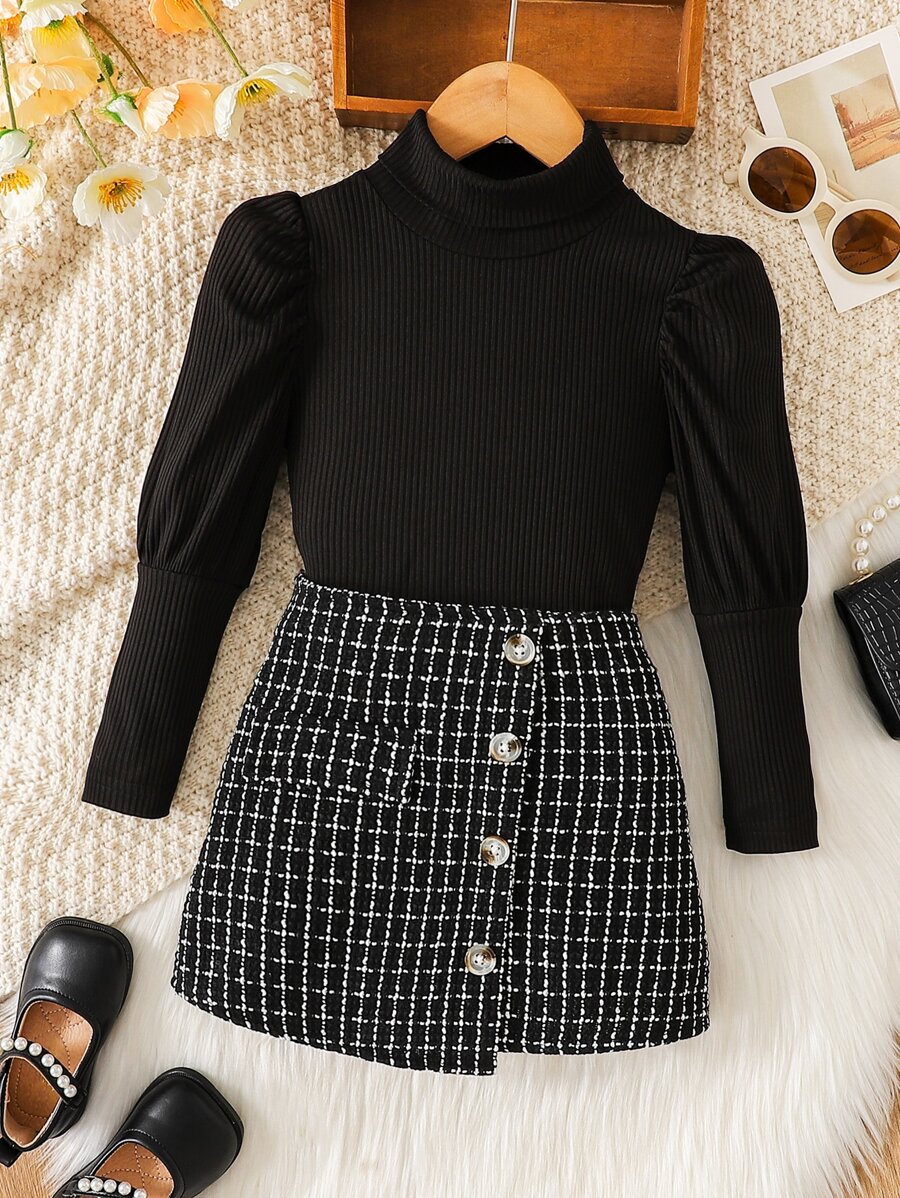 Bộ thời trang bé gái Gân đan Nút phía trước Sọc ca rô Giải trí - màu đen - Xem 1