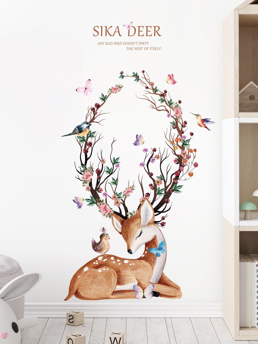 2pcs Elk & Floral Pattern Wall Sticker - Multicolor - View 1