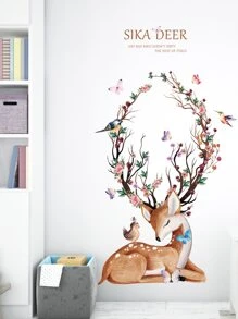 2pcs Elk & Floral Pattern Wall Sticker - Multicolor - View 2