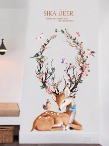 2pcs Elk & Floral Pattern Wall Sticker - Multicolor - View 3