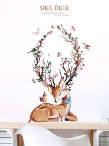 2pcs Elk & Floral Pattern Wall Sticker - Multicolor - View 5