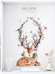 2pcs Elk & Floral Pattern Wall Sticker - Multicolor - View 6