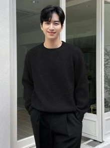 DAZY Hombres Jersey de manga raglán tejido de canalé - Negro - Ver 5