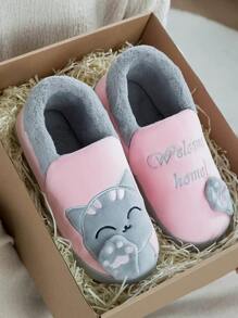 女士秋冬厚底毛绒招财猫刺绣卡通可爱家居拖鞋，毛绒鞋，蓬松拖鞋 - 粉色 - 查看 3