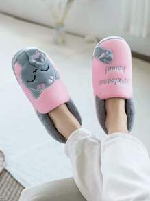 女士秋冬厚底毛绒招财猫刺绣卡通可爱家居拖鞋，毛绒鞋，蓬松拖鞋 - 粉色 - 查看 4