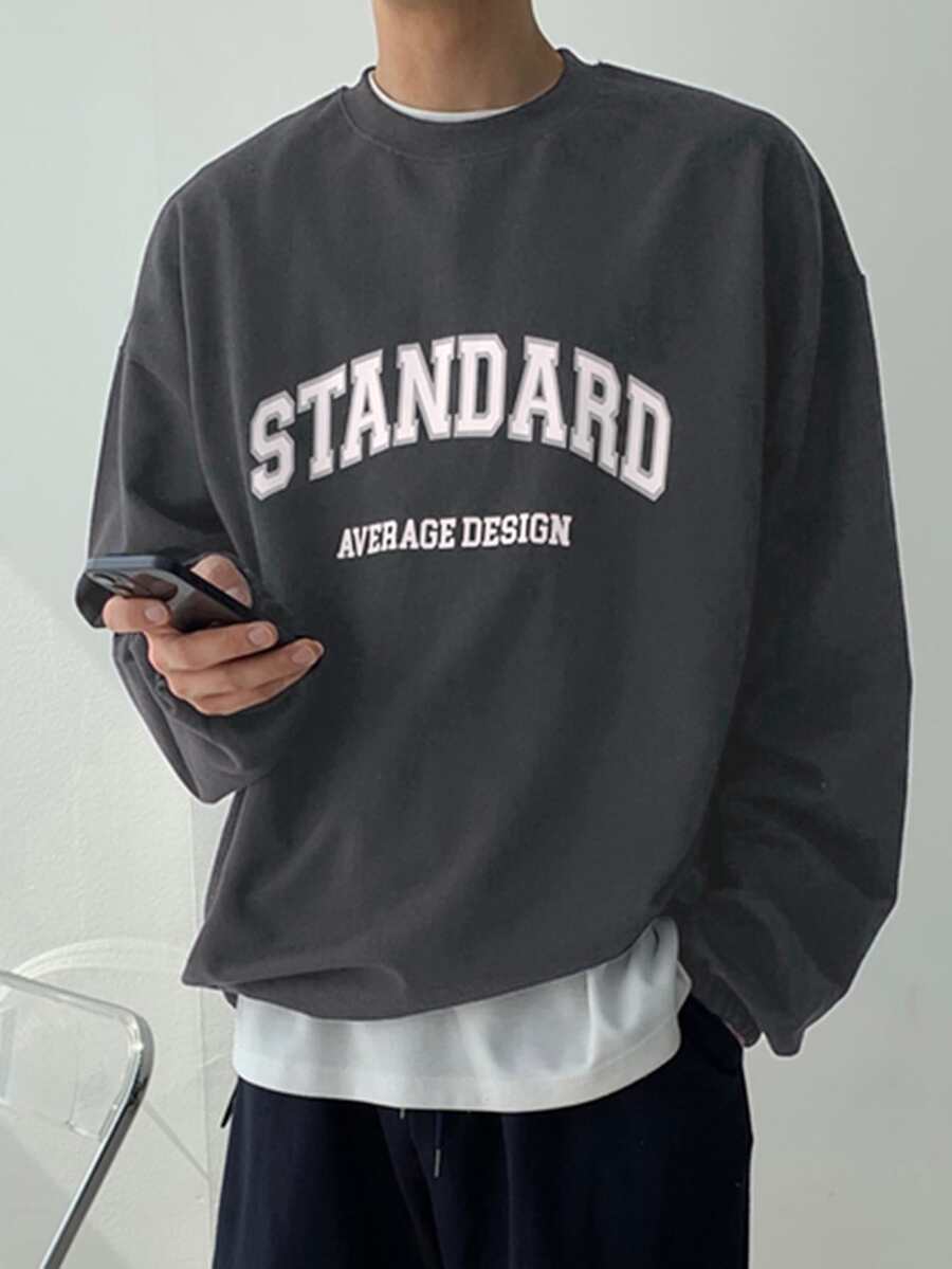 DAZY Men Letter Graphic Drop Shoulder Pullover Without Tee - Dark Grey - View 1