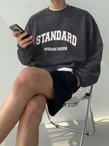 DAZY Men Letter Graphic Drop Shoulder Pullover Without Tee - Dark Grey - View 4