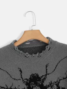 ROMWE Goth Skull Pattern Drop Shoulder Distressed Sweater - Grey - View 4