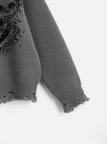 ROMWE Goth Skull Pattern Drop Shoulder Distressed Sweater - Grey - View 3