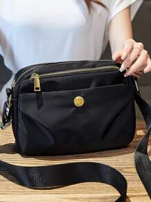 Button Decor Ruched Detail Square Bag - Black - View 1