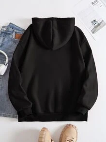 SHEIN EZwear Slogan Graphic Kangaroo Pocket Drawstring Thermal Hoodie - Black - View 2