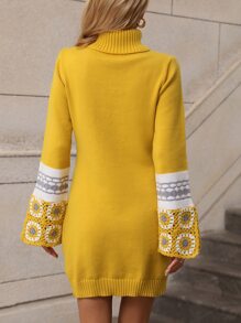 SHEIN LUNE Turtle Neck Split Sleeve Jumper Dress - Mustard Yellow - View 2