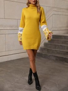 SHEIN LUNE Turtle Neck Split Sleeve Jumper Dress - Mustard Yellow - View 5