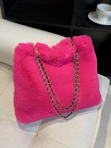 Neon-pink Chain Fuzzy Shoulder Tote Bag - Hot Pink - View 3
