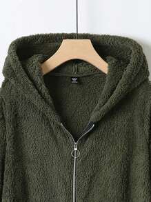 Mulvari Plus Color Block  Pocket High Low Hem Hooded Flannel Coat Winter Fall Autumn - Army Green - View 5