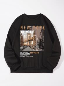 Men Slogan & Picture Print Thermal Lined Sweatshirt - Black - View 1