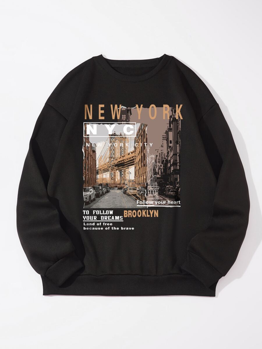 Men Slogan & Picture Print Thermal Lined Sweatshirt - Black - View 1