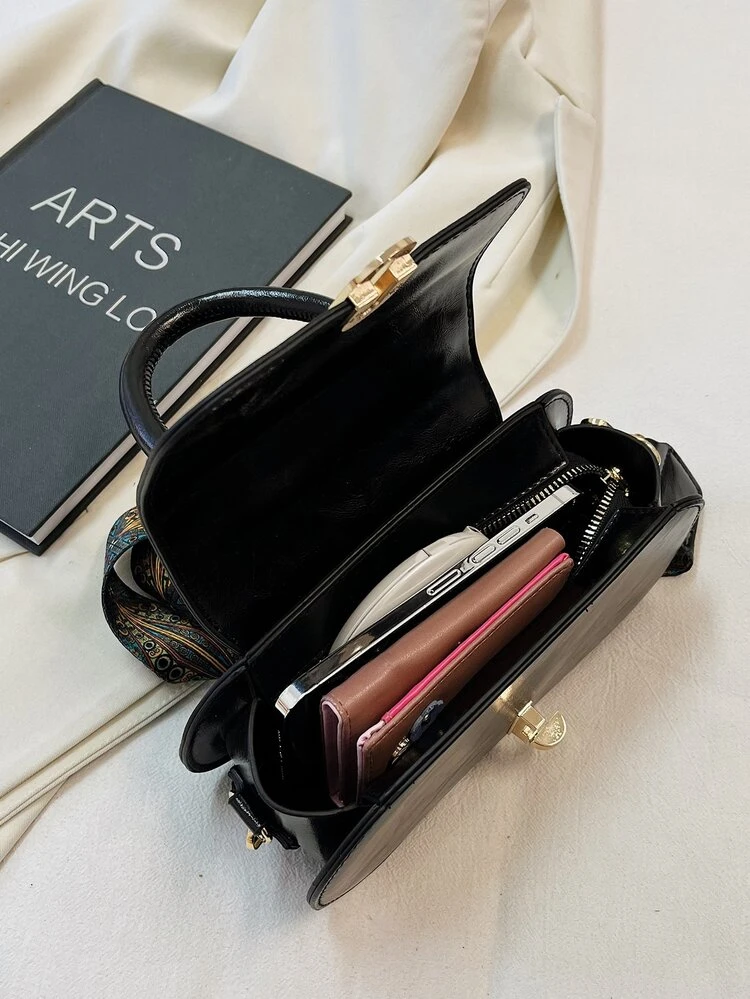 Stitch Trim Flap Satchel Bag - Black - View 4