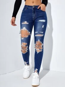 SHEIN ICON Cut Out Ripped Raw Hem Skinny Jeans - Dark Wash - View 1