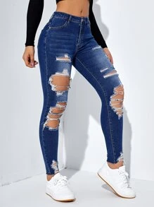 SHEIN ICON Cut Out Ripped Raw Hem Skinny Jeans - Dark Wash - View 4