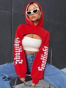 Coolane Letter Graphic Drop Shoulder Super Crop Hoodie Without Bra In Fall/Winter - Red - View 1