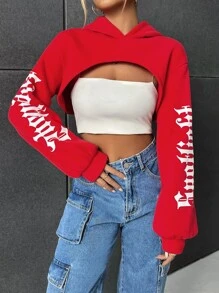 Coolane Letter Graphic Drop Shoulder Super Crop Hoodie Without Bra In Fall/Winter - Red - View 3