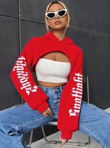 Coolane Letter Graphic Drop Shoulder Super Crop Hoodie Without Bra In Fall/Winter - Red - View 4