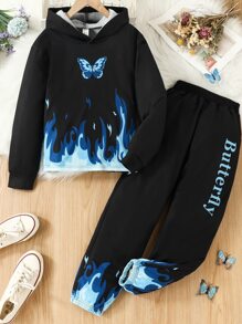 SHEIN Girls Butterfly & Fire Print Hoodie & Joggers - Black - View 1