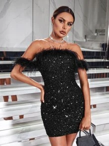 SHEIN x Carly Lawrence SHEIN BAE Vestido ajustado de hombros descubiertos ribete lanudo con lentejuelas