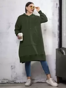 Mulvari Áo nỉ cỡ lớn có túi kangaroo, xẻ tà, dây rút. - xanh quân đội - Xem 1