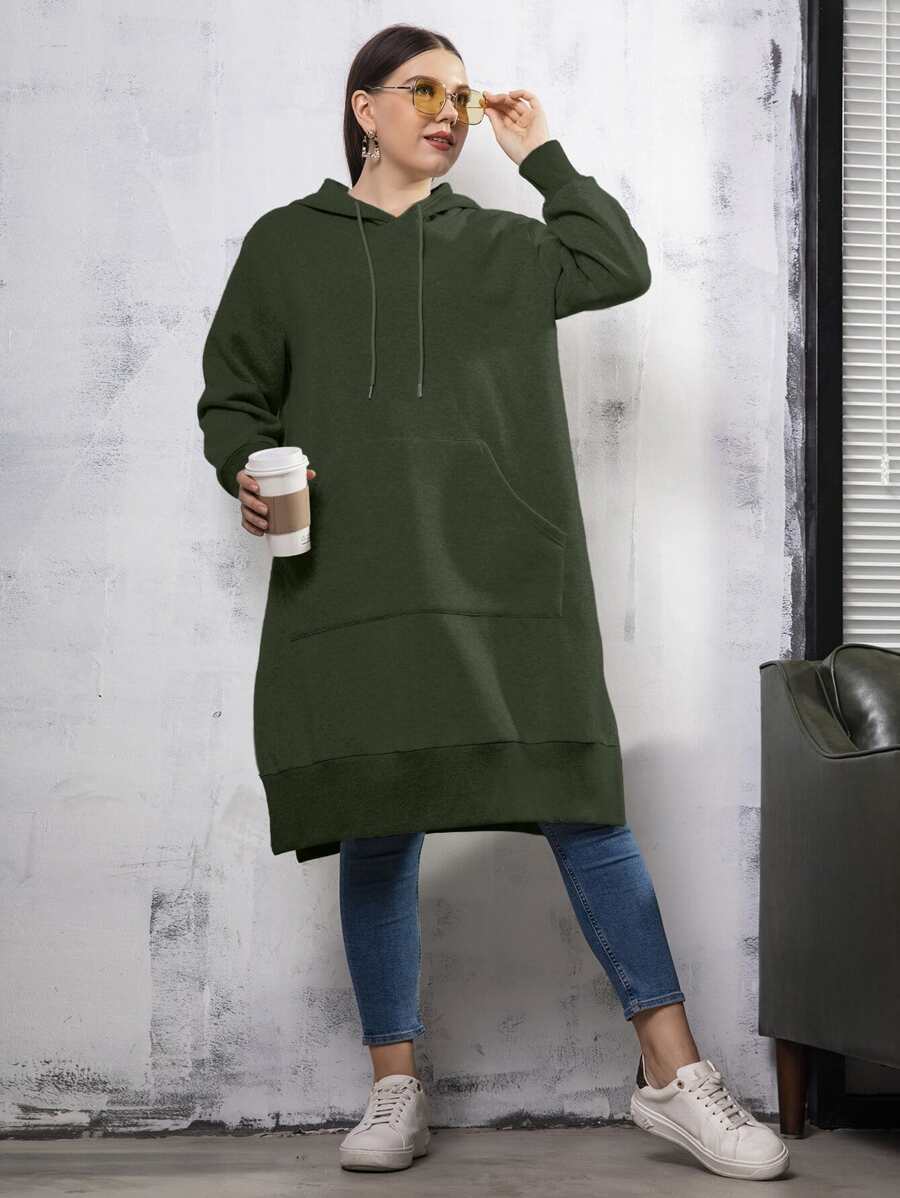 Mulvari Áo nỉ cỡ lớn có túi kangaroo, xẻ tà, dây rút. - xanh quân đội - Xem 1