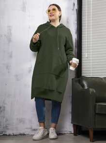 Mulvari Áo nỉ cỡ lớn có túi kangaroo, xẻ tà, dây rút. - xanh quân đội - Xem 4