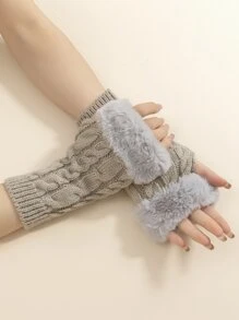 Fuzzy Trim Knit Gloves - Multicolor - View 3