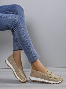 Women Metal Decor Slip On Shoes, Sporty Outdoor Sneakers - Khaki - View 1